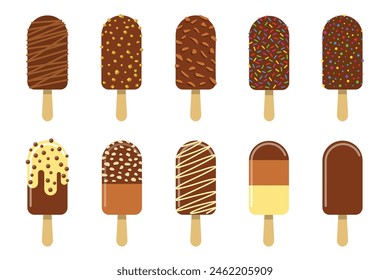 Tasty chocolate ice cream bar popsicles set collection with toppings, nuts, cereals, white chocolate sauce for summer dessert icon elements vector illustration flat design isolated on white background