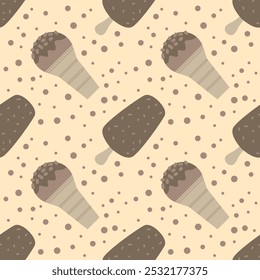 Sabroso helado de chocolate de dibujos animados planos sin patrón sobre fondo beige. Ilustración vectorial. Etiqueta engomada dulce para la comida de la calle, confitería, bar, restaurantes, bocadillos.