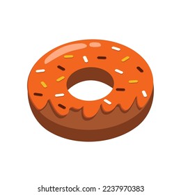 Tasty chocolate and pumpkin donut cartoon illustration. Sweet fall and Halloween dessert isolated on white background. Food, beverage concept.