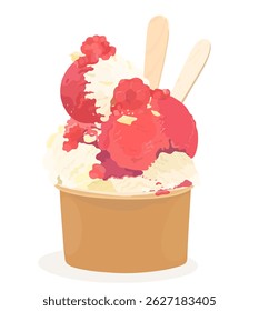 Tasty chocolate and raspberry vector ice cream balls in paper cup. Cartoon sweet cold summer dessert illustration isolated on white.