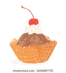 Tasty chocolate and vanilla ice cream in waffle cup with whipped cream and cherry. Summer dessert illustration isolated on white.