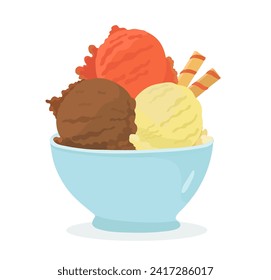 Sabrosa bola de helado de chocolate, vainilla y fresa en un bol azul. Ilustración vectorial de postre de verano. 