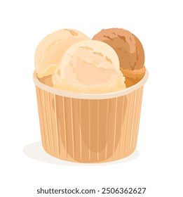 Tasty chocolate and vanilla vector ice cream scoop in a cup. Cartoon sweet cold summer dessert icon illustration.