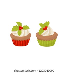 Tasty Christmas cupcakes decorated with whipped cream and red berries with green leaves. Holiday dessert. Flat vector icon