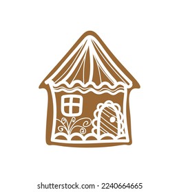 Tasty Christmas gingerbread cookie in shape of house on white ba