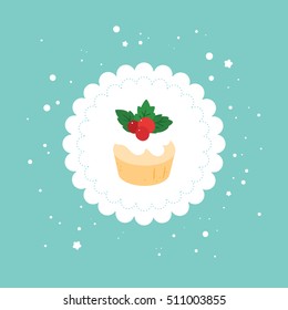 Tasty Christmas muffin on the modern flat winter ornament on the blue background. Modern bakery shop design. Great Christmas postcard template with sweets and snowflakes.