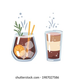 Tasty cocktail non-alcoholic beverage with liqueur and sweet flavour. Old fashioned whiskey with orange and ice cubes and rosemary. Bars and pubs menu and drinks. Vector in flat cartoon style