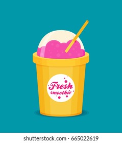Tasty cocktail. Pink smoothie in closed cup. Flat vector.