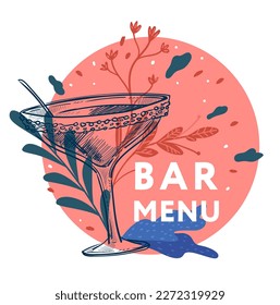 Tasty cocktails and beverages with fresh taste and herbs. Alcohol or drinks with tonic, soda. Refreshments and delicious meals. Menu of cafe, bar or restaurant. Monochrome sketch vector in flat style