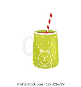 Tasty cocoa in cup with drinking straw. Delicious hot chocolate. Green mug with bear print. Flat vector icon