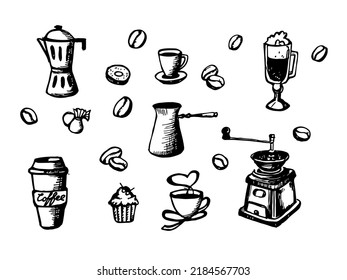 Tasty coffee. Breakfast time. Line sketch