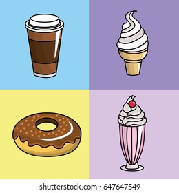 tasty coffee, donut and ice cream