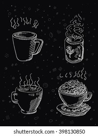 Tasty coffee, tea, cup, mug, saucer and beans, for restaurant and  cafe business design
