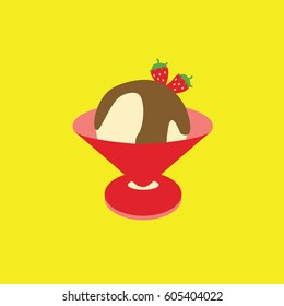 tasty cold one flavor vanilla ice cream ball with two Strawberries & chocolate syrup in glass, cup or cone for summer holiday. delicious fat dessert. not for diet simple modern illustration