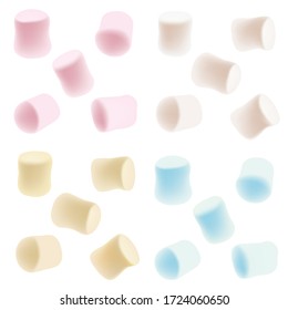 Tasty color marshmallows isolated on white background. White, pink, blue and yellow marshmallow set.