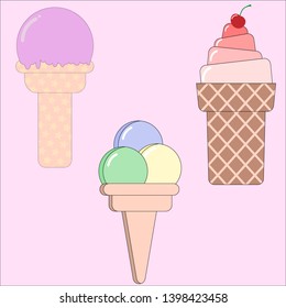 Tasty, colorful and bright ice-cream waffle cone set in light pink background.