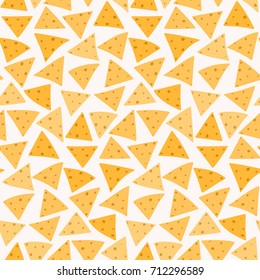 Tasty Colorful Crispy Mexican Food Nachos Seamless Pattern. Nice Spanish Fastfood Texture For Textile, Wallpaper, Background, Cover, Banner, Bar And Cafe Menu Design 