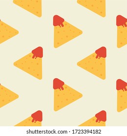 Tasty colorful crispy mexican nachos seamless pattern. Nice spanish fastfood texture for textile, wallpaper, background, cover, banner, bar and cafe menu design