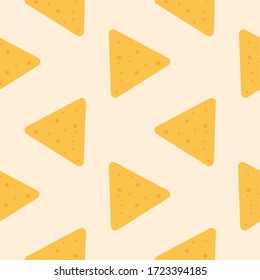 Tasty colorful crispy mexican nachos seamless pattern. Nice spanish fastfood texture for textile, wallpaper, background, cover, banner, bar and cafe menu design