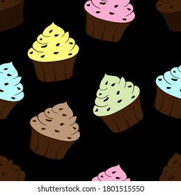 Tasty colorful cupcakes isolated on black background. Sweet dessert seamless pattern. Vector illustration