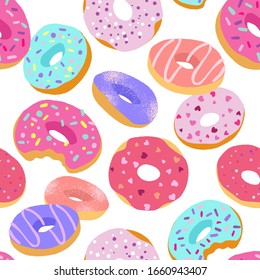 Tasty colorful donuts with glaze and sprinkles. Hand drawn seamless pattern on white background. Vector decorative elements for design cards, textile or packing paper, banner or poster.