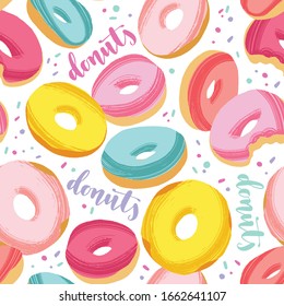 Tasty colorful donuts with glaze and sprinkles. Hand drawn seamless pattern on white background. Vector decorative elements for design cards, textile or packing paper, banner or poster.