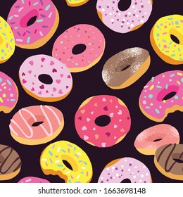 Tasty colorful donuts with glaze and sprinkles. Hand drawn seamless pattern on dark background. Vector decorative elements for design cards, textile or packing paper, banner or poster.