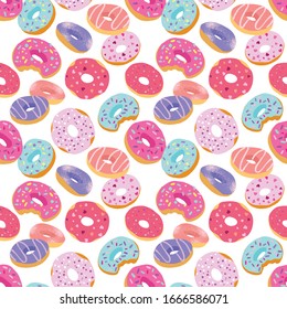 Tasty colorful donuts with glaze and sprinkles. Hand drawn seamless pattern on white background. Vector decorative elements for design cards, textile or packing paper, banner or poster.