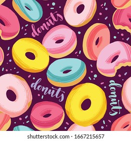 Tasty colorful donuts with glaze and sprinkles. Hand drawn seamless pattern on dark background. Vector decorative elements for design cards, textile or packing paper, banner or poster.