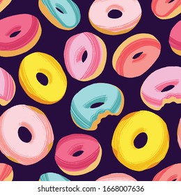Tasty colorful donuts with glaze and sprinkles. Hand drawn seamless pattern on dark background. Vector decorative elements for design cards, textile or packing paper, banner or poster.