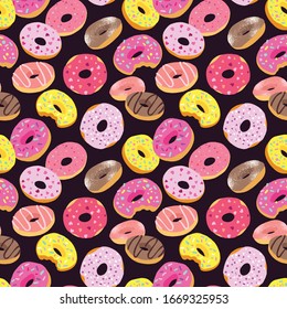 Tasty colorful donuts with glaze and sprinkles. Hand drawn seamless pattern on dark background. Vector decorative elements for design cards, textile or packing paper, banner or poster.