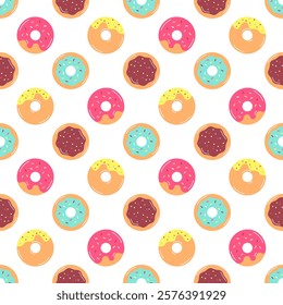 Tasty colorful donuts with glaze and sprinkles. Seamless pattern isolated. Chocolate glaze. Decorative elements for design menu, textile, wrapping paper, banner, cover, phone cases, prints, wallpaper