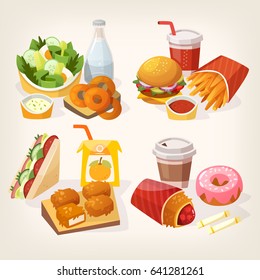 Tasty colorful fast food and street food  lunch dishes. Quick meal dishes. Set of  isolated vector illustrations