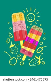 Tasty colorful fruit ice cream, popsicle. Summer popsicles with fun berry doodles