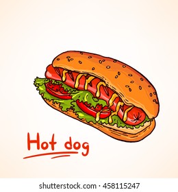 Tasty and colorful hand drawn vector illustration of hot dog. Fast food.