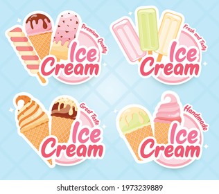 Tasty colorful ice cream badges and labels set. For logo design, emblem, stickers. Vector illustration. Waffle cone ice cream, frozen dessert, gelato, popsicle, ice lolly twist. For cafe, menu, web.

