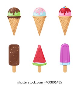 Tasty colorful ice cream. Collection ice-cream isolated on white background. Vector illustration for web design or print