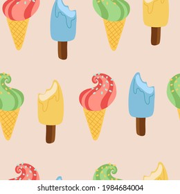 Tasty colorful ice cream cones and sundae seamless pattern