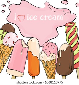 Tasty colorful ice cream of different types. Ice cream melts in the summer heat. Bright stylish mock up on white background. Vector illustration in sketch style.