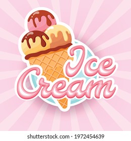 
Tasty colorful ice cream label.  Summer poster, flyer or banner. Cartoon style vector illustration. Pink sunburst background. Chocolate, vanilla and strawberry soft ice cream in waffle cone. 