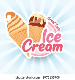 Tasty colorful ice cream label.  Summer poster, flyer or banner. Cartoon style vector illustration. Blue sunburst background. Chocolate, vanilla and caramel soft ice cream in a waffle cone. 
