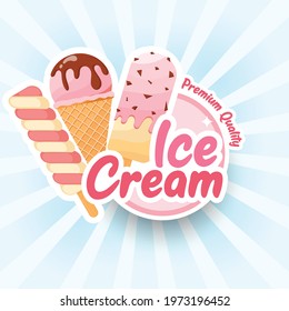 Tasty colorful ice cream label.  Summer poster, flyer or banner. Cartoon style vector illustration. Blue sunburst background. Strawberry, chocolate, vanilla ice cream, ice lolly twist.