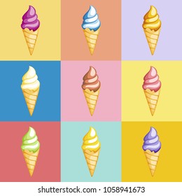 Tasty colorful ice cream set. Collection ice-cream cones with different topping isolated on colorful background. Vector illustration. Pop art style.