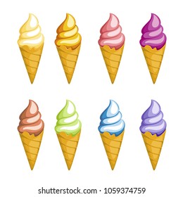 Tasty colorful ice cream set. Collection ice-cream cones with different topping isolated on white background. Vector illustration