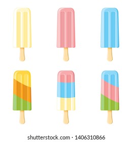 Tasty  colorful ice cream set. Popsicle ice cream, ice lolly, with different topping isolated on white background. Vector illustration