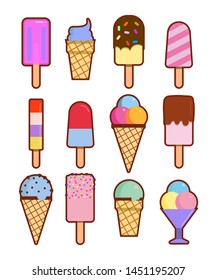 Tasty colorful ice cream set. Collection ice-cream cones and Popsicle with different topping isolated on white background. Vector illustration for web design or print EPS