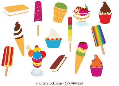 Tasty colorful ice cream set. Collection ice-cream cones with different topping isolated on white background. Vector.