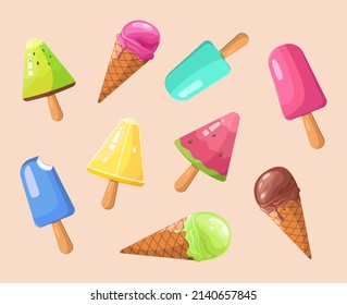 Tasty colorful ice cream set. Collection ice-cream cones and Popsicle isolated on white background. Vector illustration