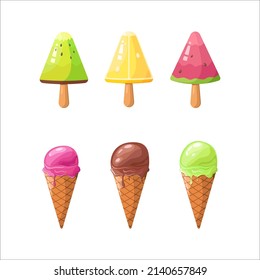 Tasty colorful ice cream set. Collection ice-cream cones and Popsicle with different topping isolated on white background. Vector illustration for web design