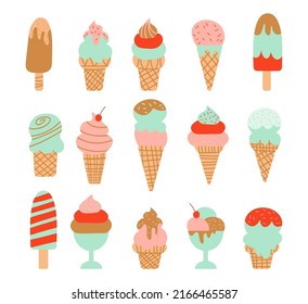 Tasty colorful ice cream set. Collection ice-cream cones and Popsicle with different topping isolated on white background. Vector illustration for web design or print EPS